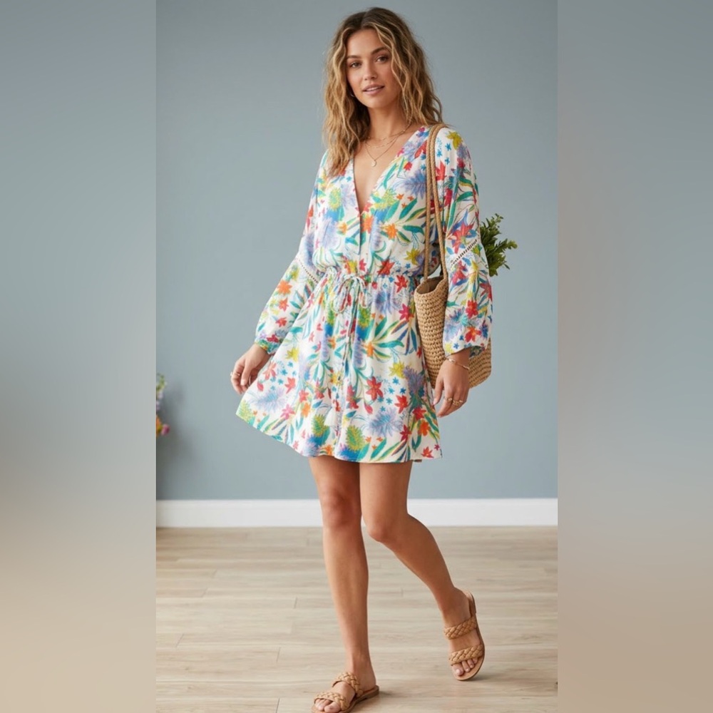Amiani Tropical Botanical Print Mini Dress – Effortless Resort Wear Cover-Up